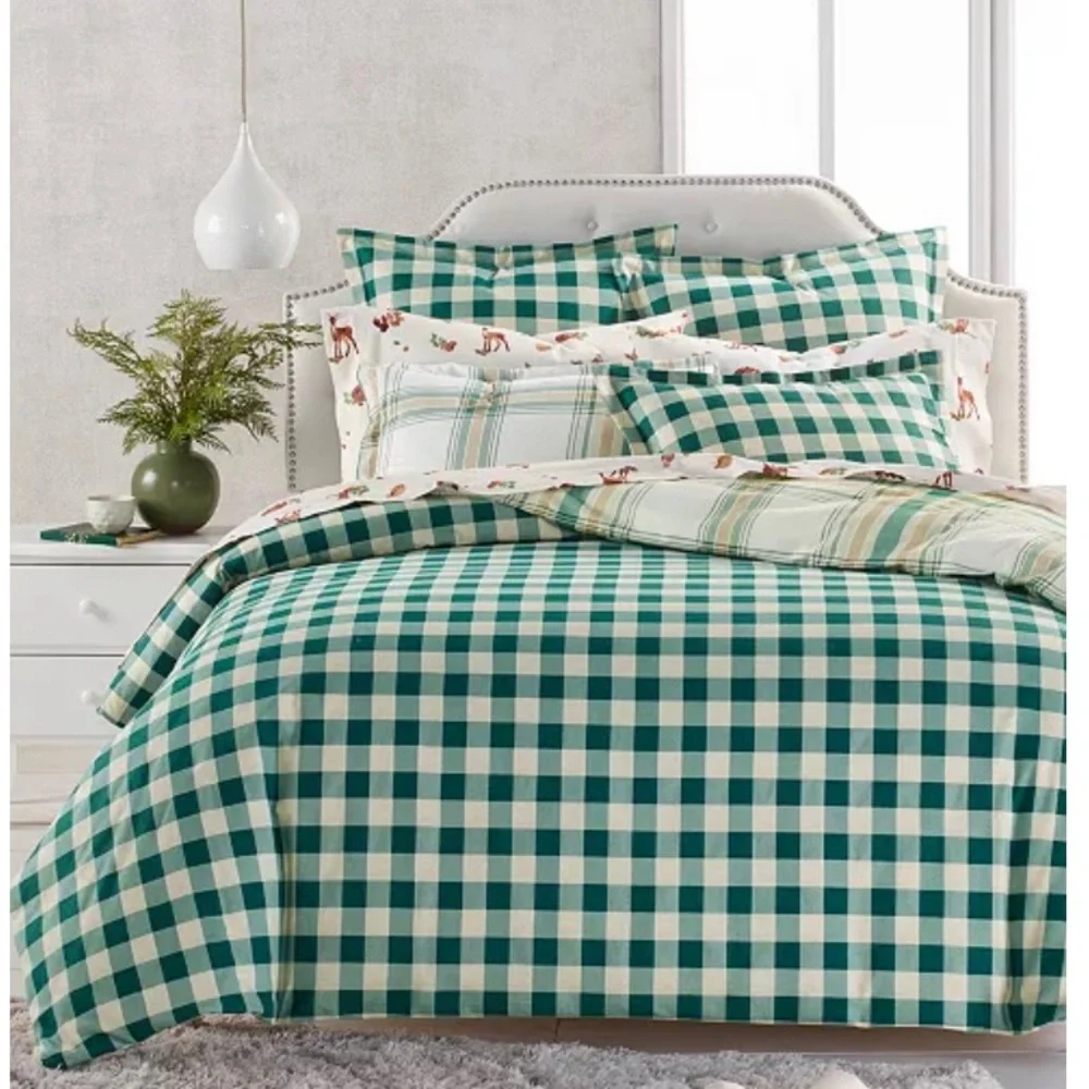 Martha Stewart Collection Holiday Flannel Neutral Plaid Duvet Cover, Full/Queen